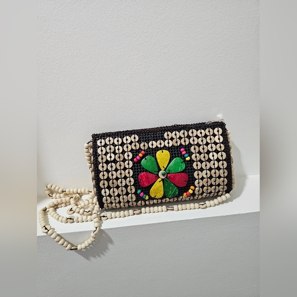Handcrafted Beaded Flower Crossbody Bag in Natural and Multicolor - Picture 2 of 10